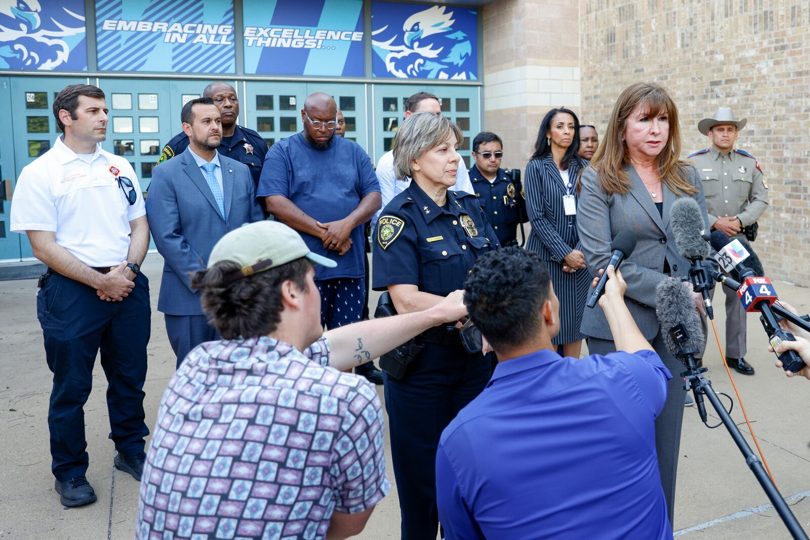 Dallas ISD Superintendent Stephanie Elizalde, right, speaks alongside Dallas ISD assistant police chief Christina Smith during a news conference after a shooting at Wilmer-Hutchins High School, Tuesday, April 15, 2025, in Dallas. (Elías Valverde II/The Dallas Morning News via AP)
