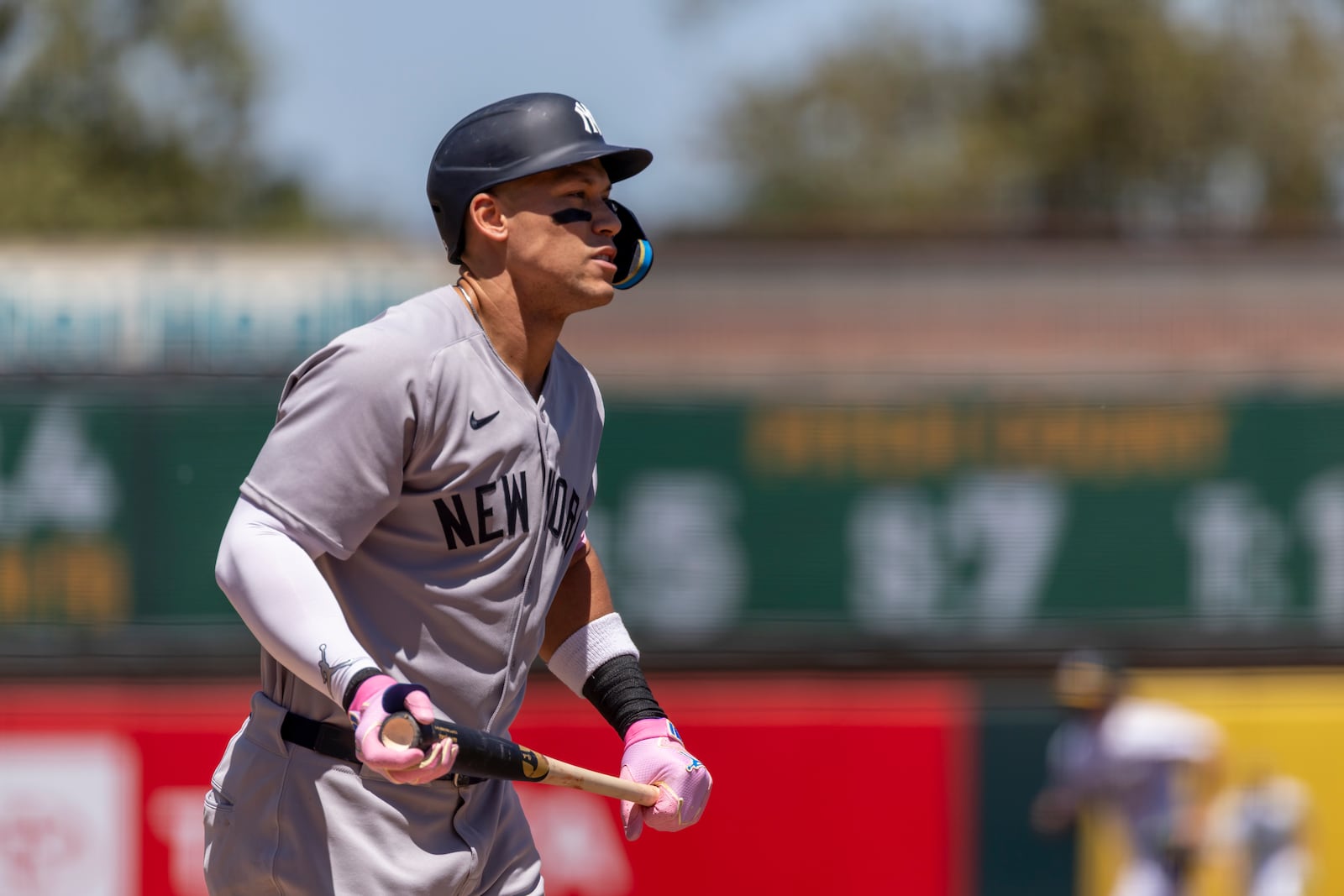 New York Yankees' Aaron Judge (99) walks back to the dugout after striking out during the first inning of a baseball game against the Athletics, Saturday, May 10, 2025, in West Sacramento, Calif. (AP P against the Athleticshoto/Sara Nevis)