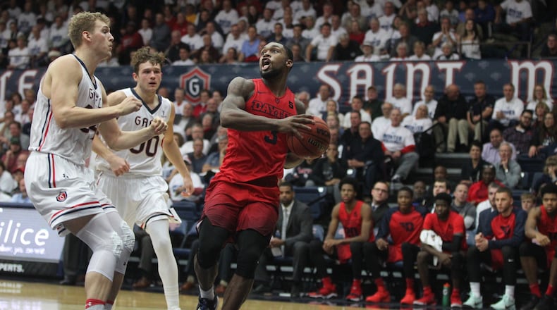 Dayton’s Trey Landers looks for a shot against Saint Mary's on Tuesday, Dec. 19, 2017, at McKeon Pavilion in Moraga, Calif.