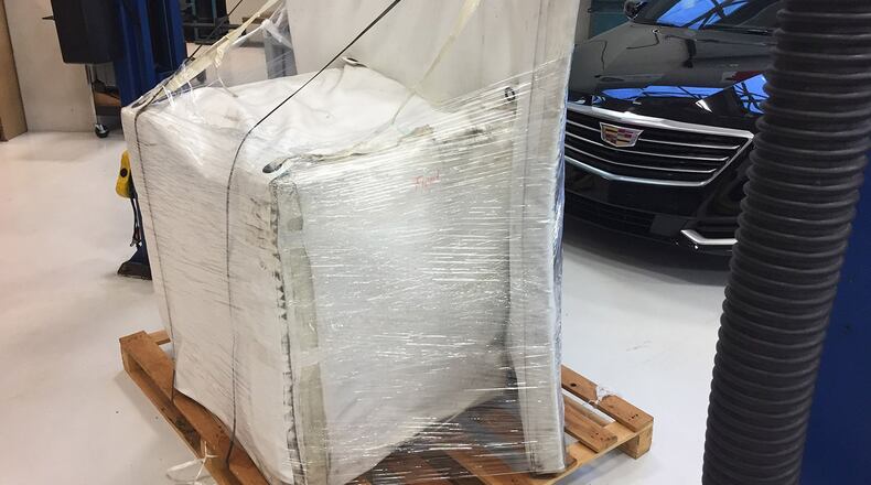 Above is a backside view of a target used to test an automatic emergency braking system which shows that it is substantial and designed to take a hit if or when the vehicle being tested hits the target. James Halderman photo