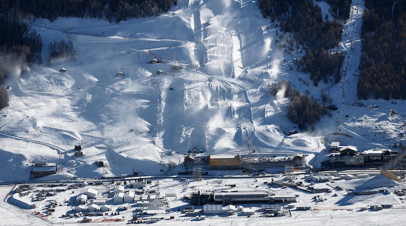 FILE - This photo shows the snowboarding and freestyle skiing events which will take place during the upcoming Milan Cortina Winter Olympics in Livigno, Italy, Saturday, Dec. 27, 2025. (AP Photo/Gabriele Facciotti, File)