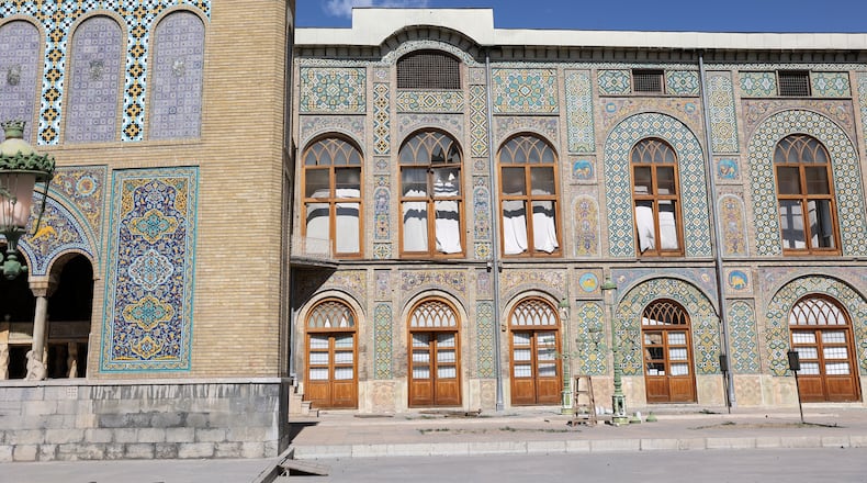 Damage caused by U.S. and Israeli strikes is seen on the facade of the Qajar-era Golestan Palace in Tehran, Iran, March 3, 2026. (ISNA via AP)