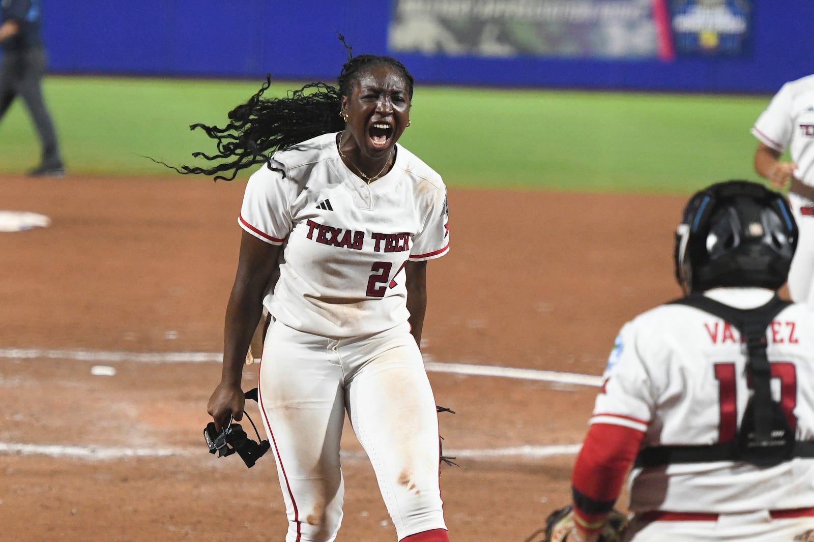 Texas Tech pitcher NiJaree Canady celebrates during the second game of the NCAA softball Women's College World Series finals against Texas in Oklahoma City, Thursday, June 5, 2025. (AP Photo/Kyle Phillips)