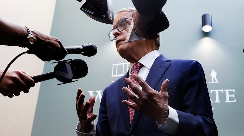 Ohio Governor Mike DeWine talks to the media Thursday, Jan. 30, 2025 at Wright State University.  The Governor was at the university to speak at the The Workforce Equation: Why child Care Matters for Ohio Businesses. MARSHALL GORBY\STAFF