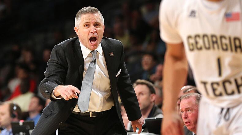 Georgia Tech head coach Brian Gregory coaches his team to a 81-62 victory over Houston during their first round NIT game Wednesday, March 16, 2016, in Atlanta.