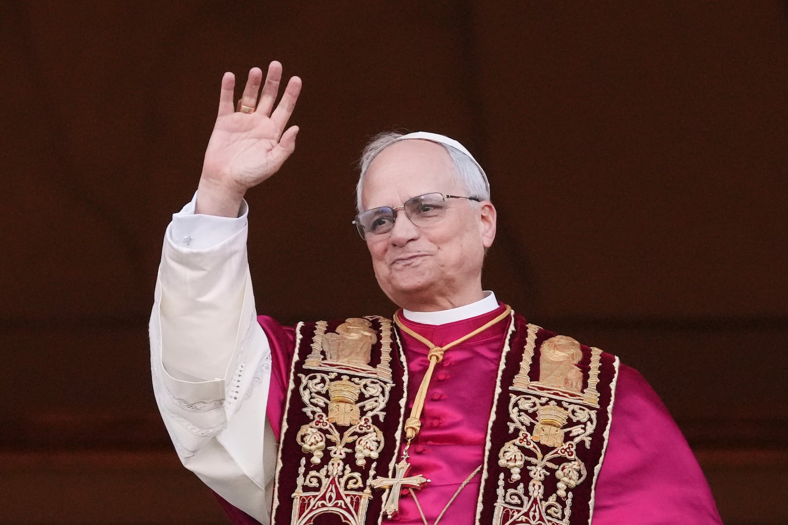 Pope Leo XIV appears on the central loggia of St. Peter's Basilica after being chosen the 267th pontiff of the Roman Catholic Church, at the Vatican, Thursday, May 8, 2025. (AP Photo/Alessandra Tarantino)