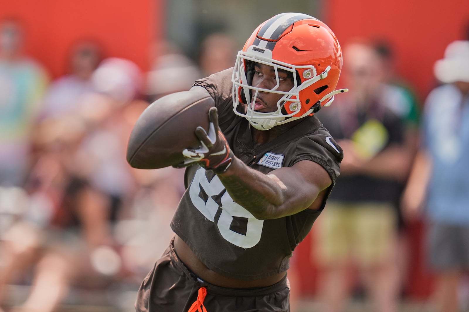 Cleveland Browns tight end Harold Fannin Jr. (88) catches a pass during NFL football practice in Berea, Ohio, Wednesday, June 4, 2025. (AP Photo/Sue Ogrocki)