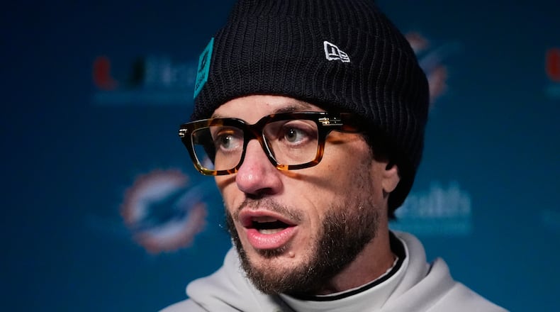 Miami Dolphins head coach Mike McDaniel speaks in a news conference after an NFL football game against the New England Patriots in Foxborough, Mass., Sunday, Jan. 4, 2026. (AP Photo/Robert F. Bukaty)