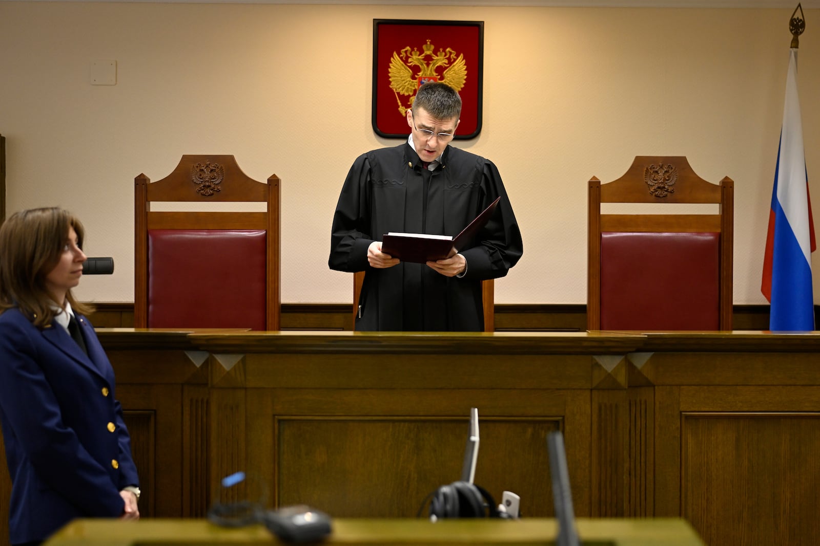 FILE - Russia's Supreme Court judge Oleg Nefyodov delivers a verdict lifting a ban on Afghanistan's Taliban, who were designated as a terrorist group more than two decades ago, in Moscow, Russia, April 17, 2025. (AP Photo/Dmitry Serebryakov, File)