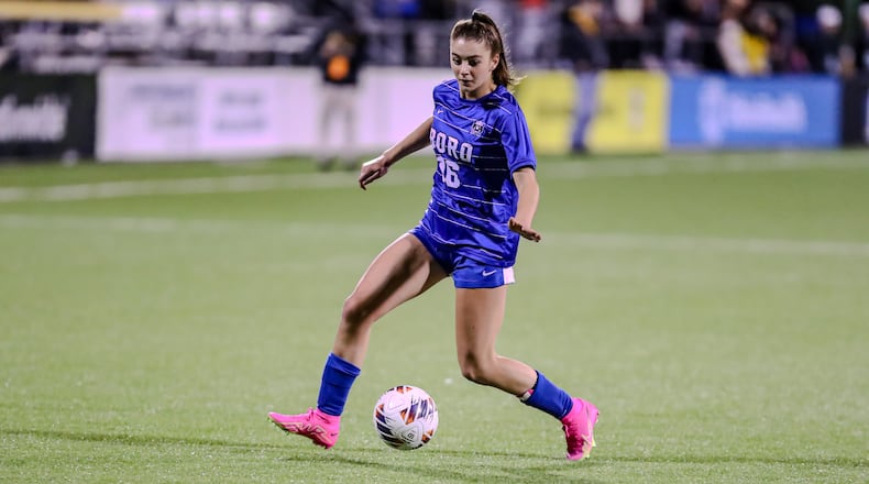 Springboro High School sophomore Ava Whitt dribbles the ball during their match against Cuyahoga Falls Walsh Jesuit in the Division I state championship game last season at Historic Crew Stadium
in Columbus. The Panthers are seeking to return to the Division I state championship game this fall. MICHAEL COOPER/CONTRIBUTED