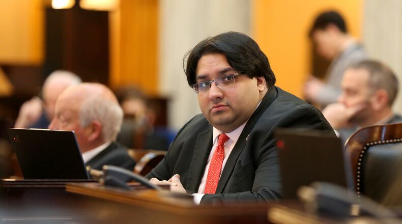 State Sen. Niraj Antani, R-6th District, listens during a debate in the Senate Chambers in Columbus, Ohio, Wednesday, Feb. 28, 2024. (AP Photo/Joe Maiorana)