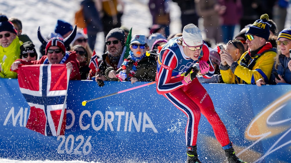 Johannes Hoesflot Klaebo, of Norway, competes in the cross country skiing men's 4 x 7.5km relay at the 2026 Winter Olympics, in Tesero, Italy, Sunday, Feb. 15, 2026. (AP Photo/Matthias Schrader)