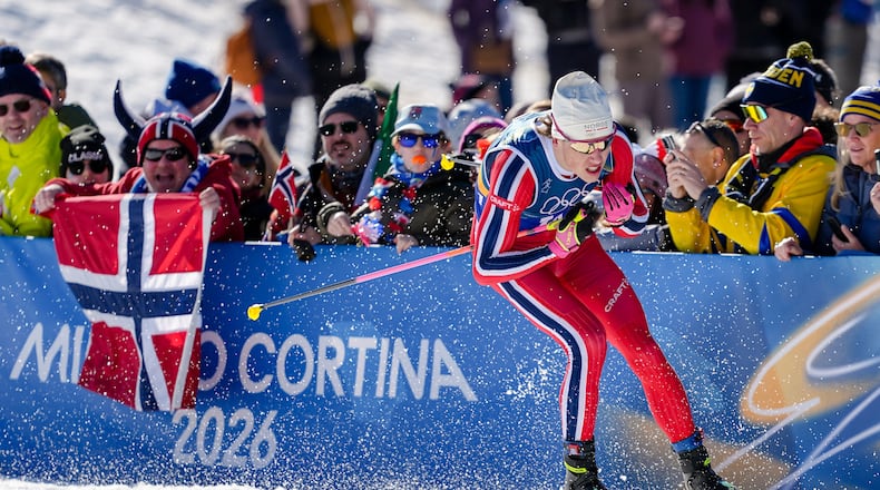 Johannes Hoesflot Klaebo, of Norway, competes in the cross country skiing men's 4 x 7.5km relay at the 2026 Winter Olympics, in Tesero, Italy, Sunday, Feb. 15, 2026. (AP Photo/Matthias Schrader)