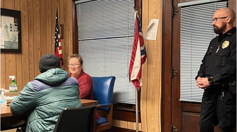 A motorist who opted to appear at a recent session of North Hampton Mayor's Court discusses his offense with Magistrate Brandin Marlow. North Hampton Mayor's Court is an informal setting and Marlow looks at her role as a problem solver to make the community safer. The local mayor's court is in session twice a month. ED RICHTER/STAFF