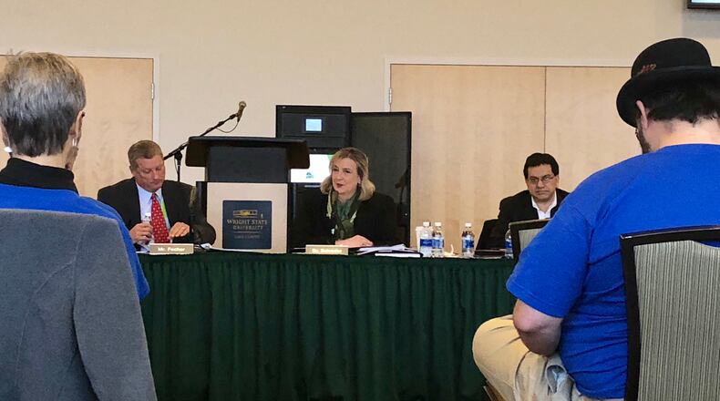 FILE: Wright State University president Cheryl Schrader, center, speaks during a board of trustees meeting at the school’s Lake Campus in Celina on Friday. Although the meeting was held close to 90 minutes north of Dayton, around 80 or so members of the faculty union showed up. They wear blue shirts designating them as AAUP members. The administration and union are negotiating a new contract and earlier this week WSU said it would consider employee furloughs if finances did not improve.