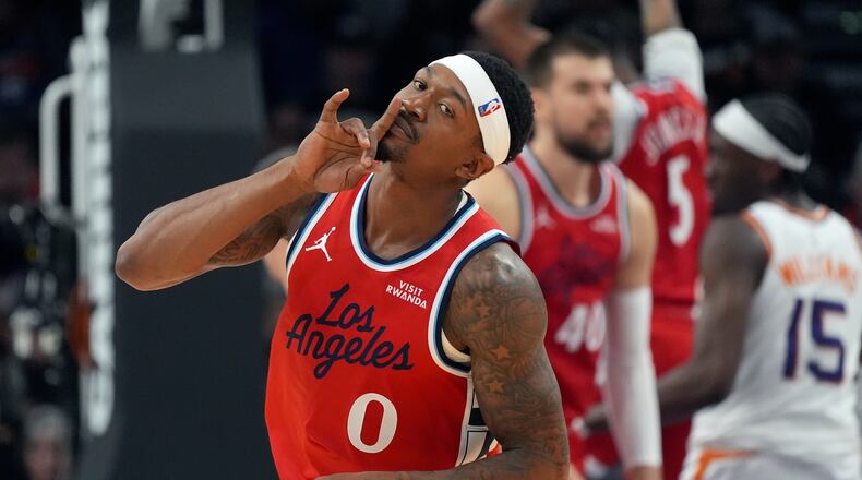 Los Angeles Clippers guard Bradley Beal celebrates a made 3-pointer against the Phoenix Suns during the first half of an NBA basketball game Thursday, Nov. 6, 2025, in Phoenix. (AP Photo/Ross D. Franklin)