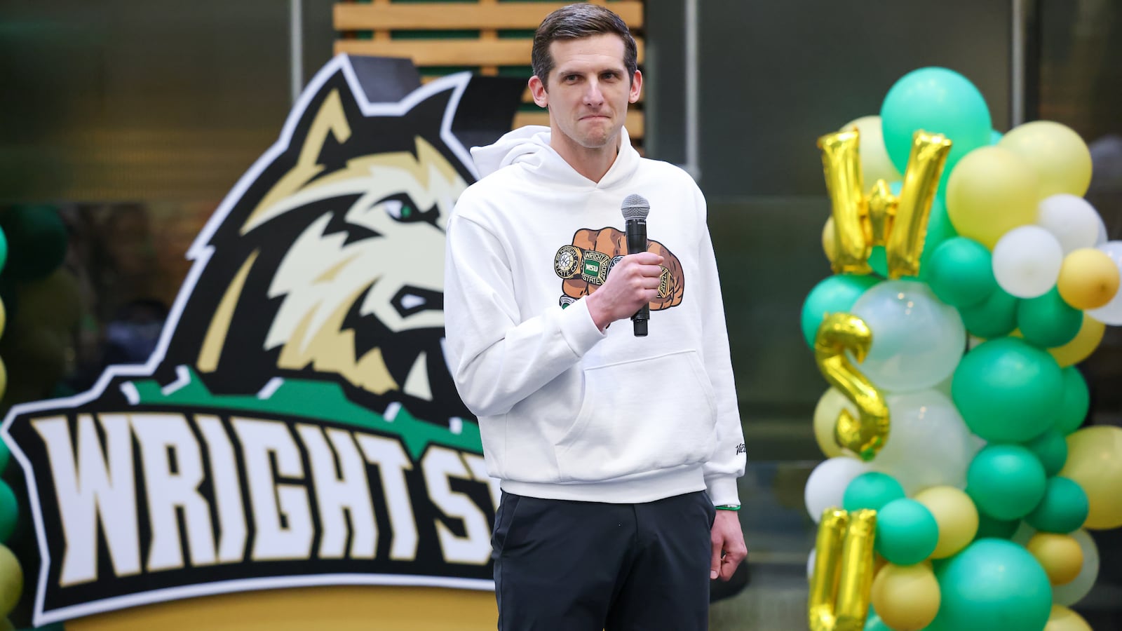 Wright State coach Clint Sargent talks after the university's NCAA tournament seed and opponent were announced during a Selection Sunday watch party on Sunday, March 15 at the university's Student Union in Fairborn. BRYANT BILLING / STAFF