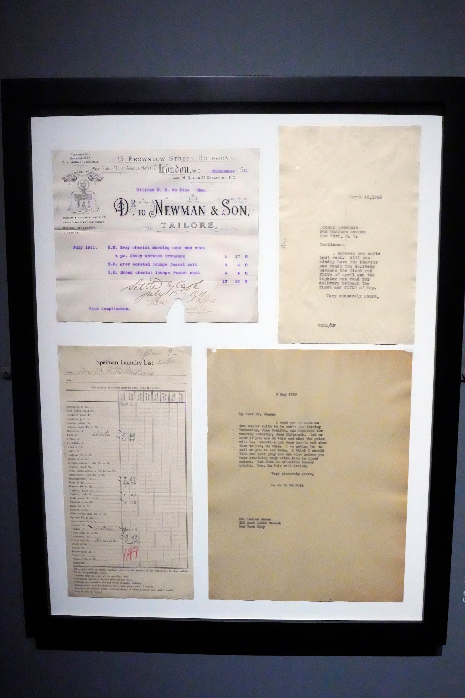 Letters and receipts belonging to W. E. B. Du Bois are displayed at the Metropolitan Museum of Art's Costume Institute exhibition, "Superfine: Tailoring Black Style," on Saturday, May 3, 2025, in New York. (Photo by Charles Sykes/Invision/AP)