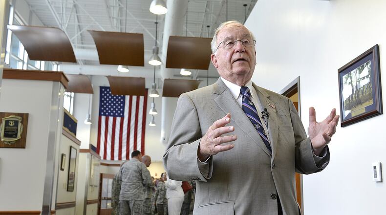 IN this file photo from 2020 former U.S. Rep. Dave Hobson talks about the Hobson Cyberspace Communications Complex at the Springfield Air National Guard Base. Bill Lackey/Staff