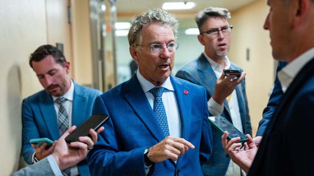 FILE Ñ Sen. Rand Paul (R-Ky.) speaks to reporters as he arrives at the Capitol in Washington, Sept. 2, 2025. A handful of Republicans crossed party lines to side with Democrats in the first of several votes this week aimed at challenging the presidentÕs trade war. (Eric Lee/The New York Times)