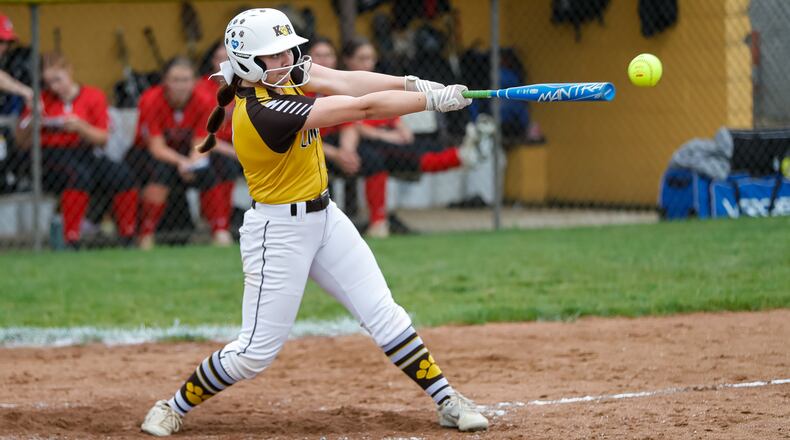 Kenton Ridge High School senior Natalee Fyfee swings at a pitch during their game against Indian Lake earlier this season. Michael Cooper/CONTRIBUTED