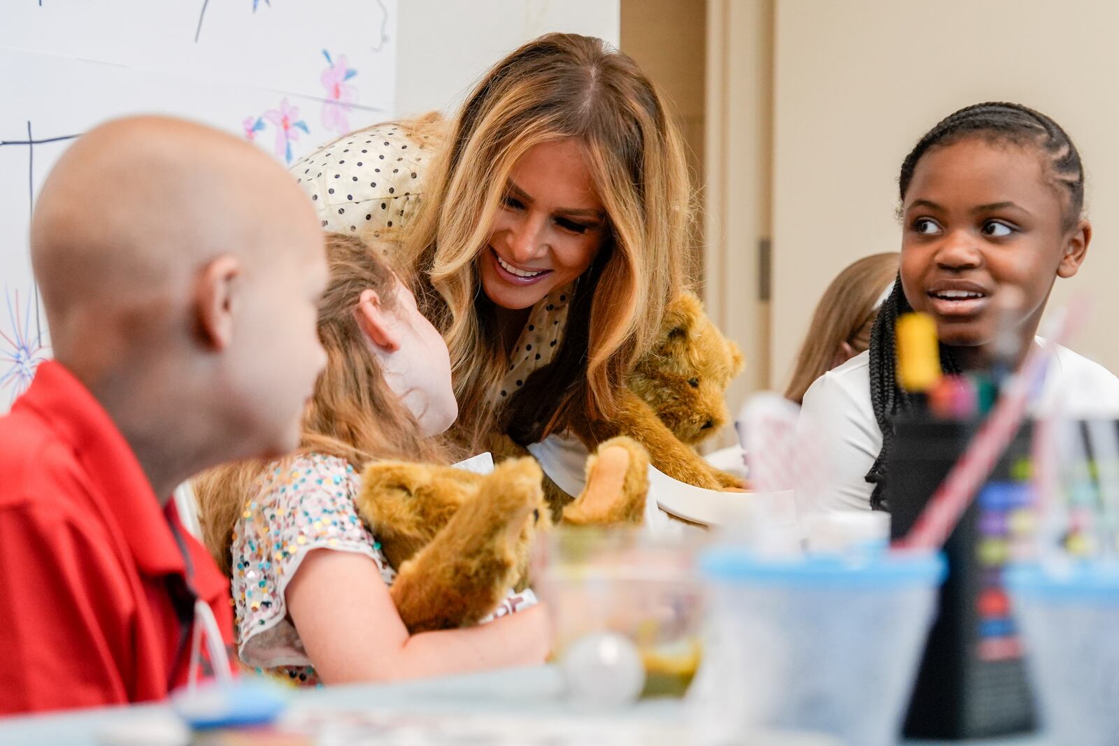 First lady Melania Trump visits patients at Children's National Hospital, Thursday, July 3, 2025, in Washington. (AP Photo/Julia Demaree Nikhinson)