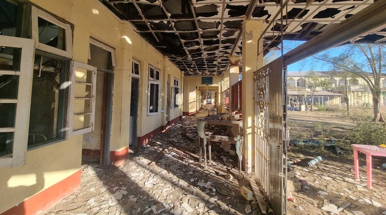 In this photo provided by Wai Hun Aung, a damaged building is seen at the hospital that was allegedly hit by a military air strike in Mrauk-U township in Rakhine state, Myanmar, Thursday, Dec.11, 2025. (Wai Hun Aung via AP)