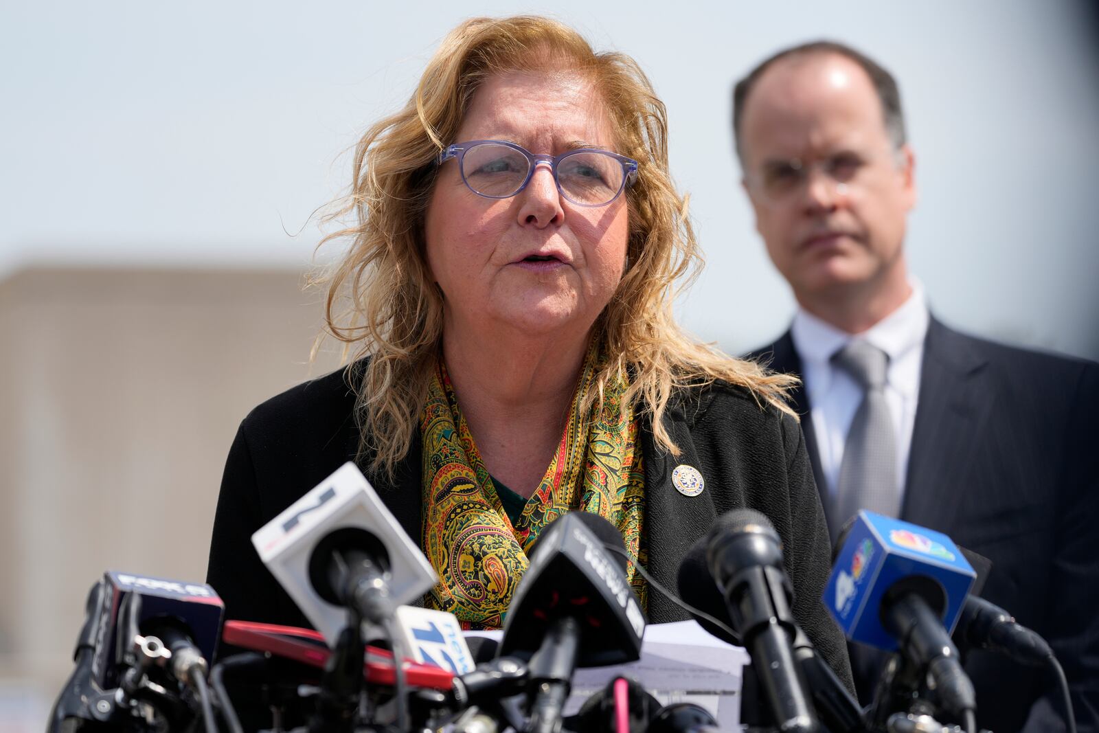 Nassau County District Attorney Anne Donnelly speaks during a news conference after former U.S. Rep. George Santos was sentenced to more than seven years in prison for fraud and identity theft, Friday, April 25, 2025, in Central Islip, N.Y. (AP Photo/Julia Demaree Nikhinson)