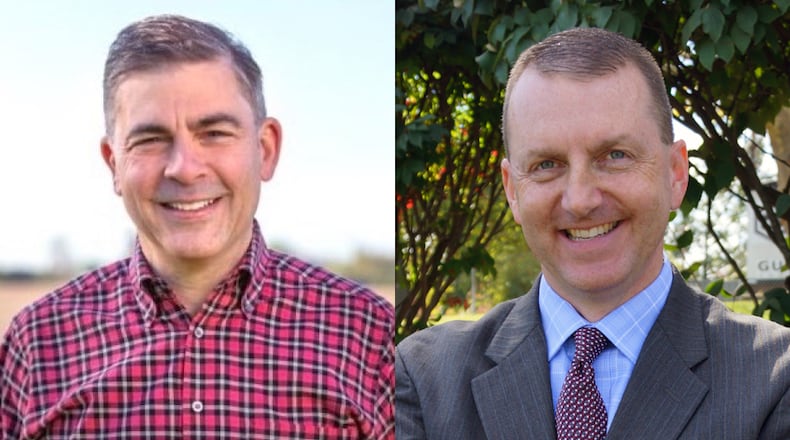 The 2024 race for the 15th Congressional district is between incumbent Republican Mike Carey (left) and Democratic challenger Adam Miller (right).