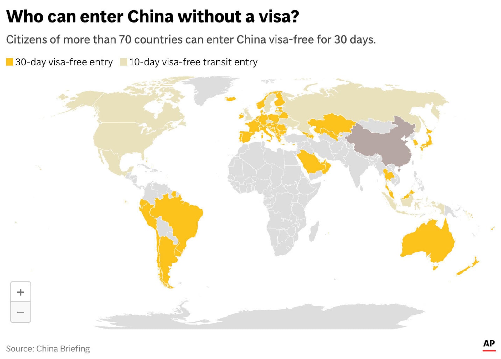 The map above shows which countries can enter China visa-free for 30 days and those which can enter on a 10-day visa-free transit entry. (AP Graphic)