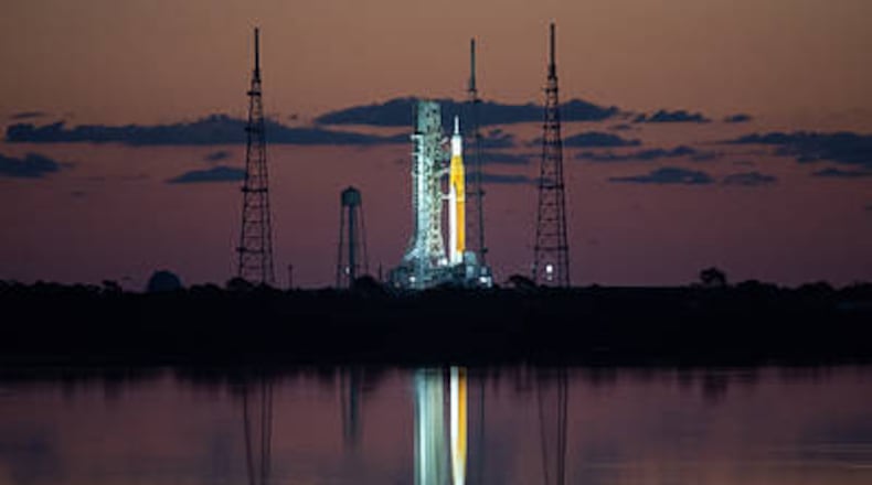 NASA’s Space Launch System (SLS) rocket with the Orion spacecraft aboard is seen at sunrise atop a mobile launcher at Launch Complex 39B, Monday, April 4, 2022, as the Artemis I launch team conducts the wet dress rehearsal test at NASA’s Kennedy Space Center in Florida. Ahead of NASA’s Artemis I flight test, the wet dress rehearsal will run the Artemis I launch team through operations to load propellant, conduct a full launch countdown, demonstrate the ability to recycle the countdown clock, and drain the tanks to practice timelines and procedures for launch. Photo Credit: (NASA/Joel Kowsky)