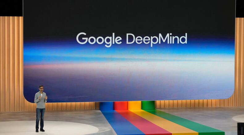 FILE - Alphabet CEO Sundar Pichai speaks about Google DeepMind at a Google I/O event in Mountain View, Calif., Wednesday, May 10, 2023. (AP Photo/Jeff Chiu, File)
