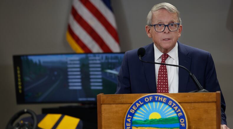 Ohio Governor Mike DeWine along with Dom Tiberi of the Maria Tiberi Foundation announced Thursday, Dec. 5, 2024 at the High Street Church of the Nazarene a new driver training initiative in Clark County. The initiative will primarily focus on teaching members of the migrant population the skills of safe driving. MARSHALL GORBY\STAFF