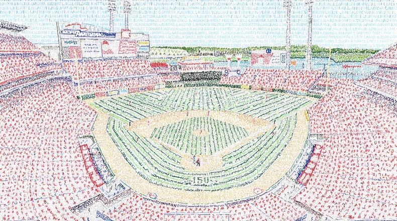Art showcasing Great American Ball Park and the names of every Reds player. Drawing by Dan Duffy