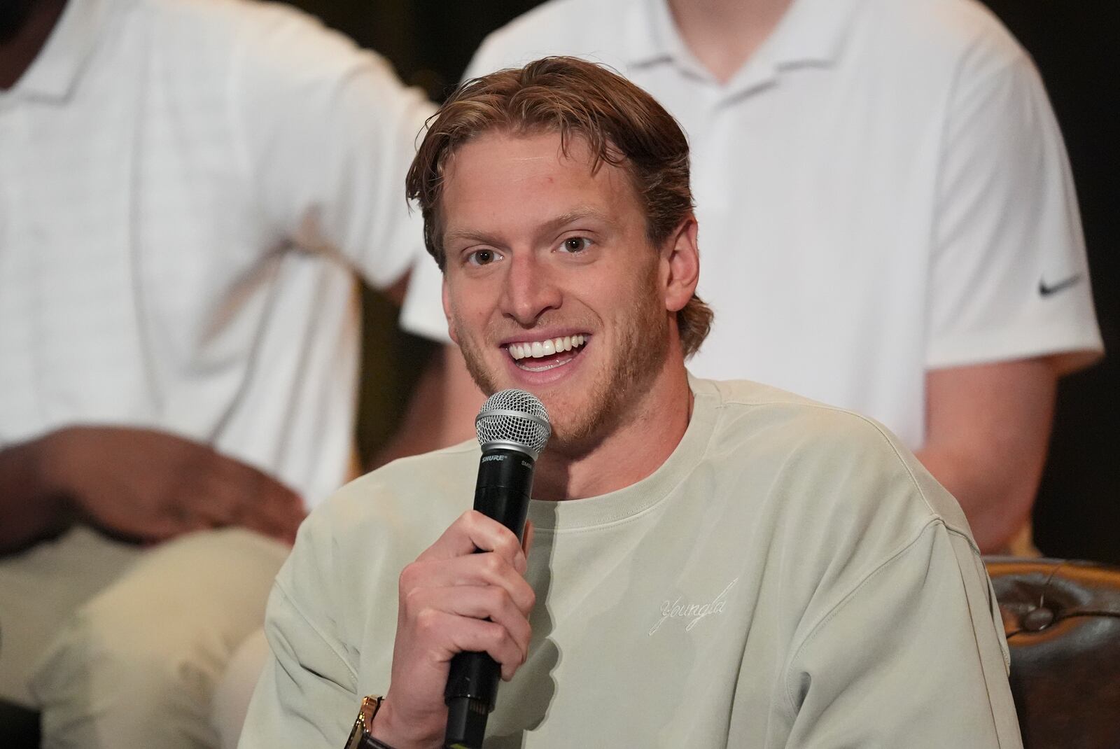 FILE - Grant House speaks during a players' association for college athletes meeting ahead of the college football's national title game, Saturday, Jan. 18, 2025, in Atlanta. (AP Photo/Brynn Anderson, File)