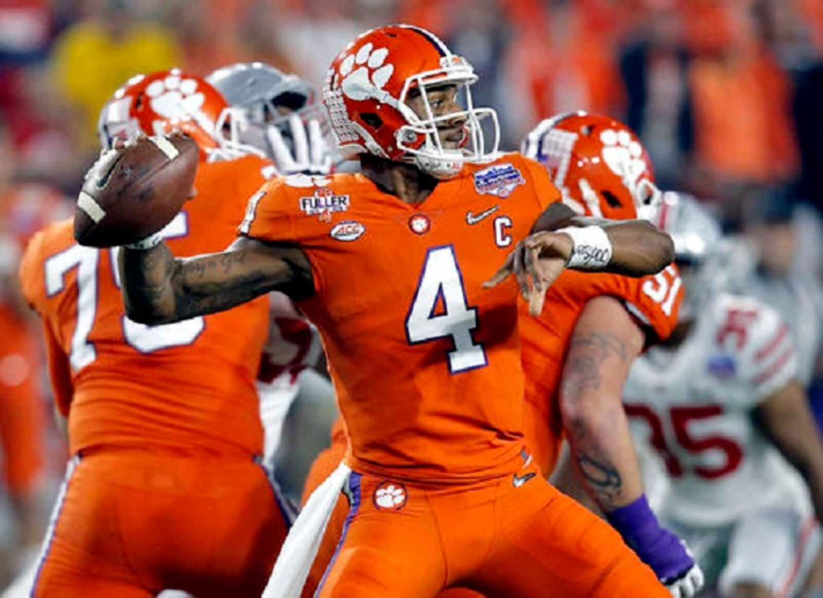 FILE - In this Saturday, Dec. 31, 2016 file photo, Clemson quarterback Deshaun Watson (4) throws against Ohio State during the first half of the Fiesta Bowl NCAA college football playoff semifinal in Glendale, Ariz. For the second straight season, the Clemson and Alabama will meet for the College Football Playoff championship.  While it's safe to assume quarterbacks Deshaun Watson and Jalen Hurts will play pivotal roles in the game Monday, Jan. 9, 2017, at Raymond James Stadium in Tampa, Florida, you never know who will emerge as a star on the big stage, especially with the most talented rosters in college football facing off.(AP Photo/Ross D. Franklin, File)