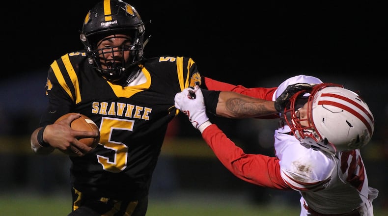 Shawnee’s Robie Glass runs against London on Friday, Oct. 18, 2019, in Springfield. David Jablonski/Staff