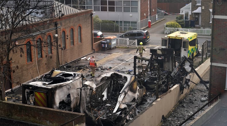 View at burnt Ambulances in a car park at Golders Green in London, Monday, March 23, 2026 after an apparent arson attack on four vehicles belonging to a Jewish ambulance service, Hatzola Northwest, in London.(AP Photo/Alberto Pezzali)