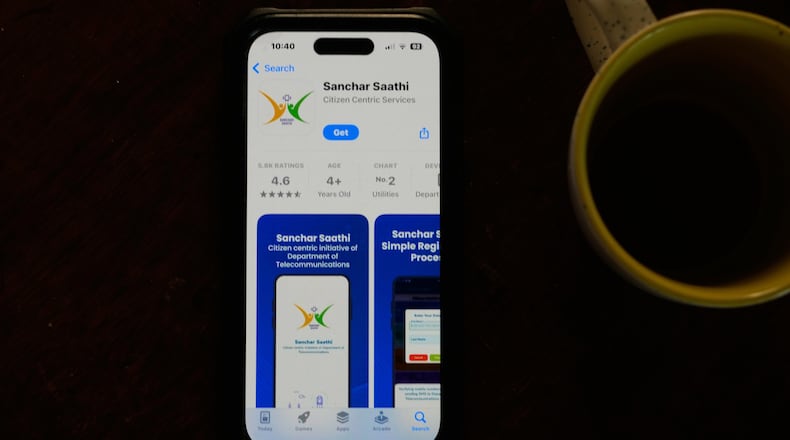 An Indian government-run cybersecurity app "Sanchar Saathi" is seen on a mobile phone in New Delhi, India, Tuesday, Dec. 2, 2025. (AP Photo/Manish Swarup)