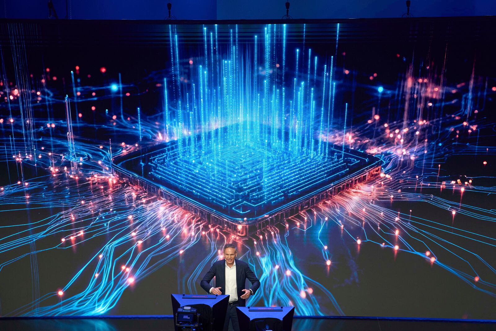 Olive Blume, Chairman of the Board of Management of Volkswagen Group, speaks during a media night ahead of the Auto Show in Shanghai, Tuesday, April 22, 2025. (AP Photo/Ng Han Guan)