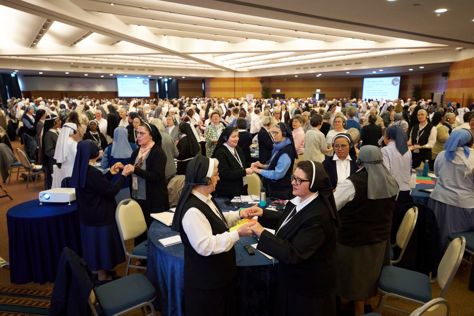 Nuns pray during a congress of nearly 900 superiors of the world's female religious orders in Rome, Monday, May 5, 2025. (AP Photo/Alessandra Tarantino)