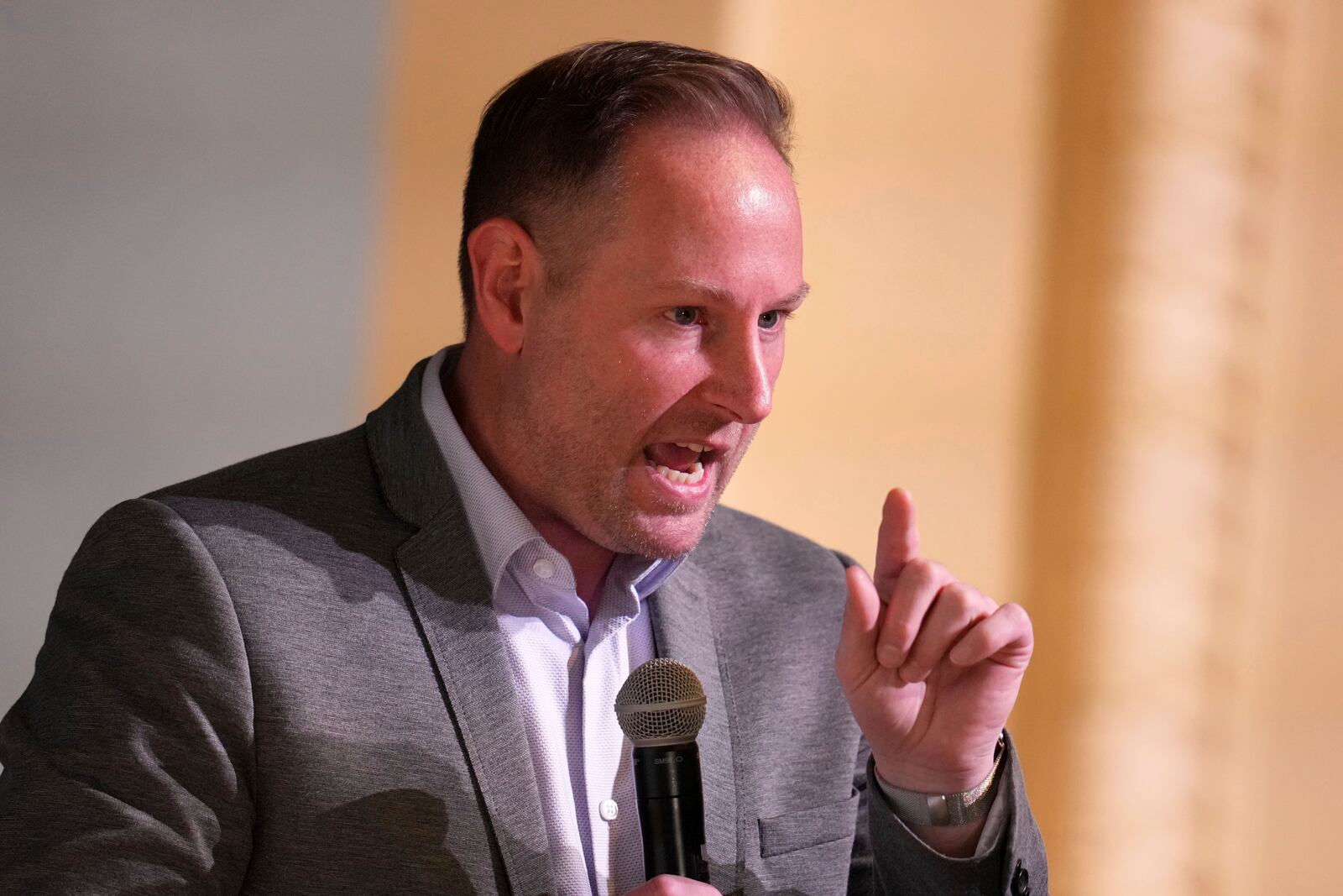 Thomas West, a candidate in the upcoming mayoral primary in Pittsburgh, attends a candidates forum at Perry Traditional Academy in Pittsburgh, Thursday, April 24, 2025. (AP Photo/Gene J. Puskar)