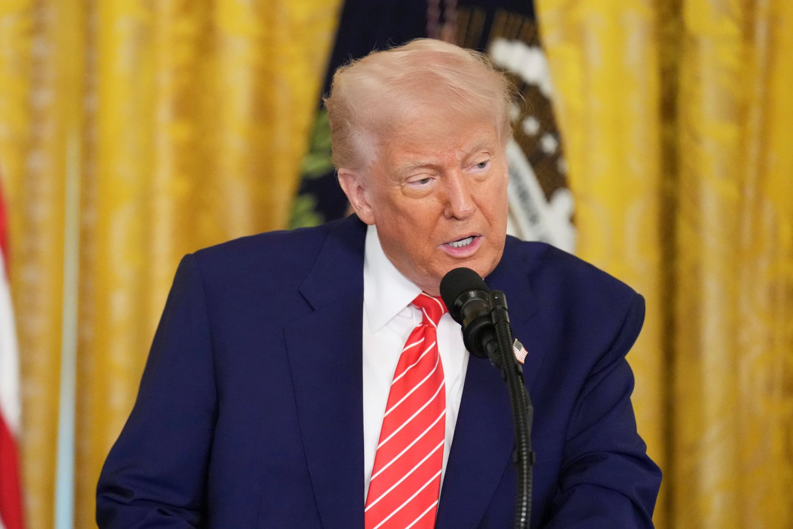 President Donald Trump speaks at an event for Military Mothers, Thursday, May 8, 2025, in the East Room of the White House in Washington. (AP Photo/Jacquelyn Martin)