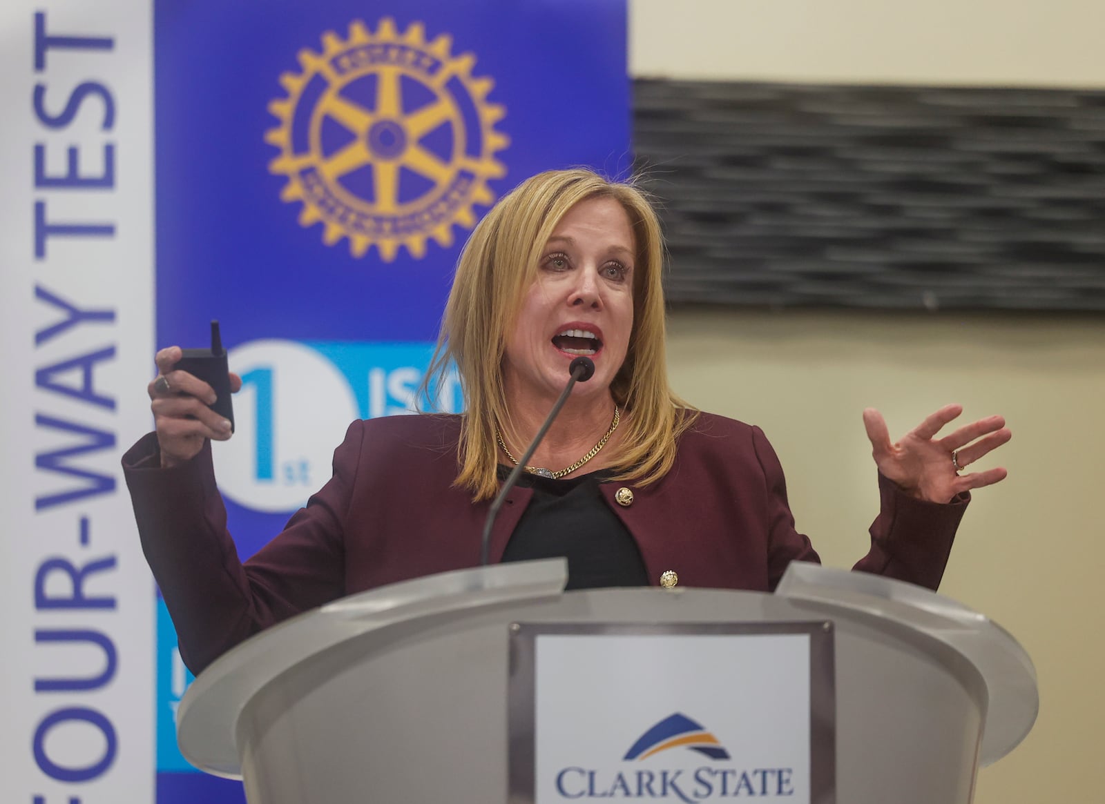 Clark State President Jo Alice Blondin speaks at Springfield Rotary at Hollenbeck Bayley Center on Monday, Jan. 12, 2026, in Springfield. JOSEPH COOKE/STAFF