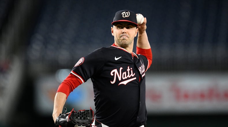 FILE - Washington Nationals starting pitcher MacKenzie Gore (1) throws during the second baseball game of a doubleheader against the Atlanta Braves, Sept. 16, 2025, in Washington. (AP Photo/Nick Wass, File)