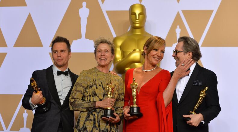From left, Sam Rockwell, Frances McDormand, Allison Janney and Gary Oldman backstage at the 90th Academy Awards ceremony on Sunday, March 4, 2018 in Hollywood, Calif. (Scott Varley/TNS)
