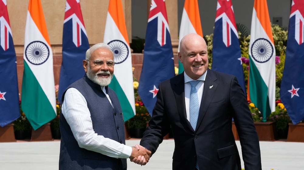 FILE - Indian Prime Minister Narendra Modi, left, greets visiting New Zealand Prime Minister Christopher Luxon before their meeting in New Delhi, India, Monday, March 17, 2025. (AP Photo/Manish Swarup, File)