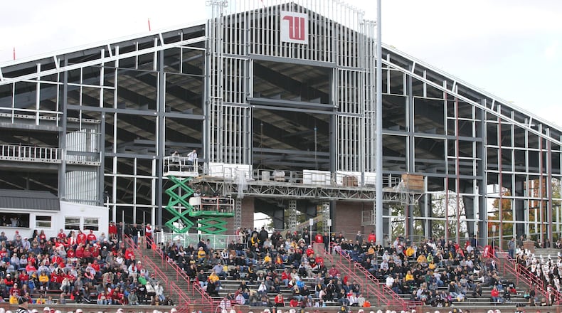 The Steemer Center rises behind Edwards-Maurer Field on Saturday, Oct. 20, 2018, in Springfield as Wittenberg plays DePauw. David Jablonski/Staff