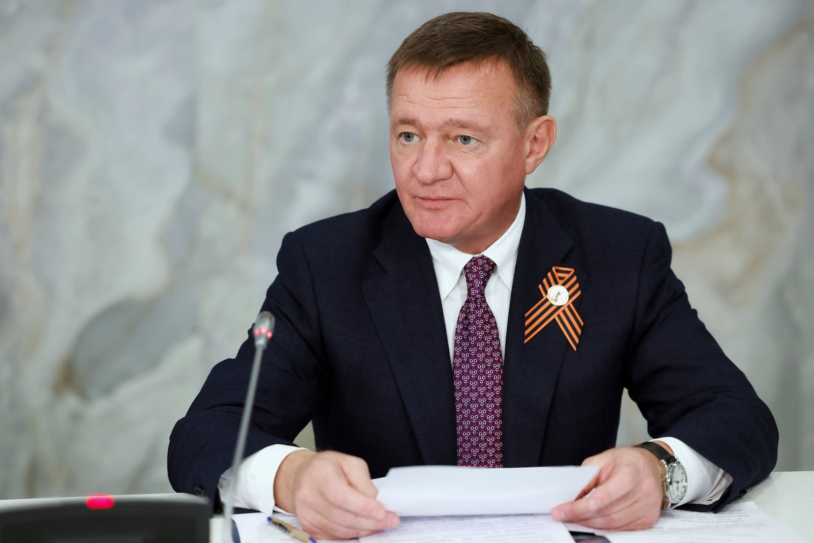 FILE - Russian Transport Minister Roman Starovoyt attends a meeting in Mineralnye Vody, Russia, Tuesday, May 6, 2025. (Dmitry Astakhov, Sputnik, Government Pool Photo via AP)