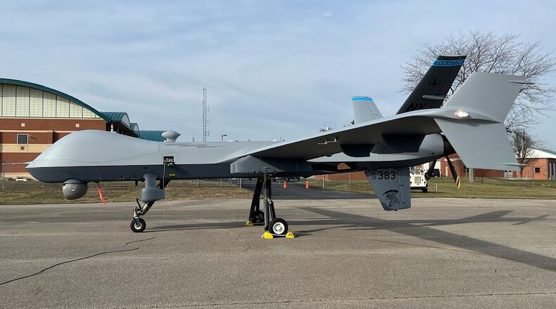 An MQ-9 Reaper drone at Springfield-Beckley Air National Guard Base on Wednesday, March 19, 2025. THOMAS GNAU/STAFF